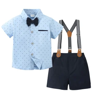 Boy Gentleman Suit Short Sleeves Shirt  with Suspender Pants and Bowtie