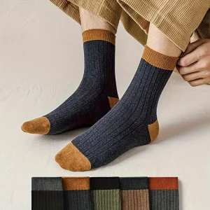 5 Pairs Cotton Crew Socks – Solid Color Mid-Tube, Spring & Autumn